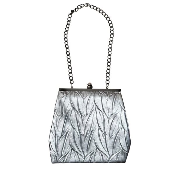 Jessica McClintock Silver Leaf Hideaway Chain Strap Clutch Bag Retro - Picture 1 of 6